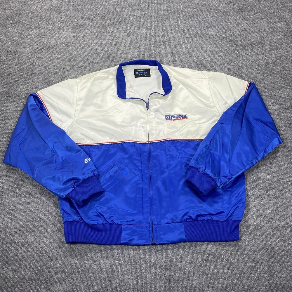 Vintage Mopar Jacket Mens Large Blue White Satin Racing Bomber Chrysler 80s